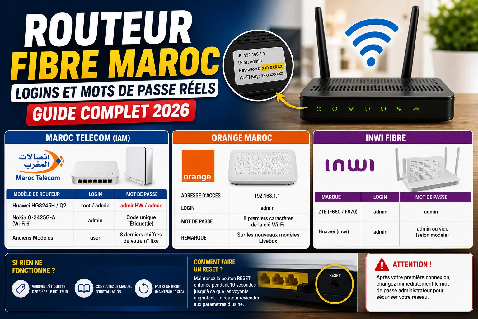 login routeur fibre Maroc mot de passe admin Maroc Telecom Orange inwi 2026