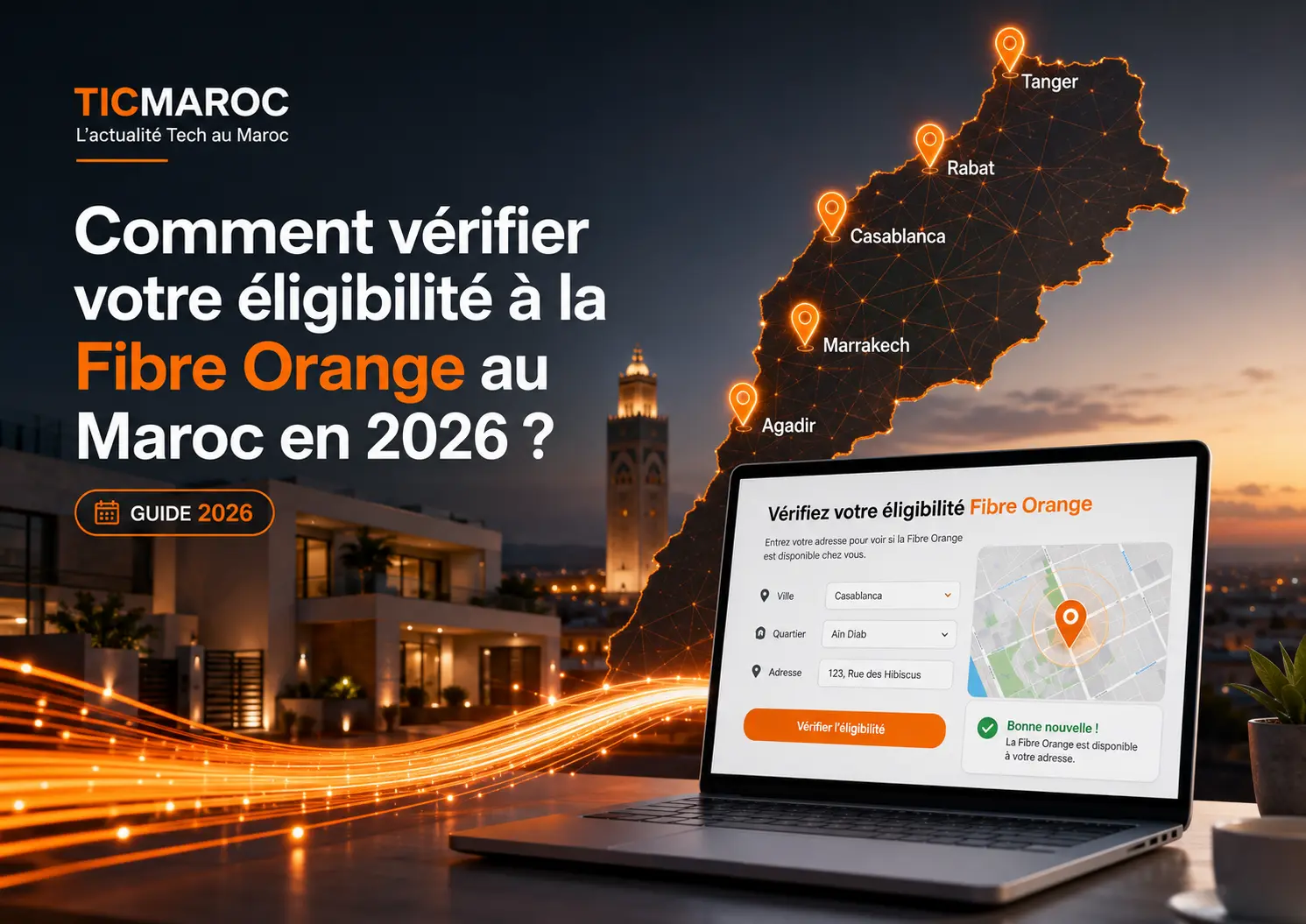 Vérification de l’éligibilité Fibre Orange au Maroc en 2026 avec carte de couverture fibre et plateforme TICMAROC