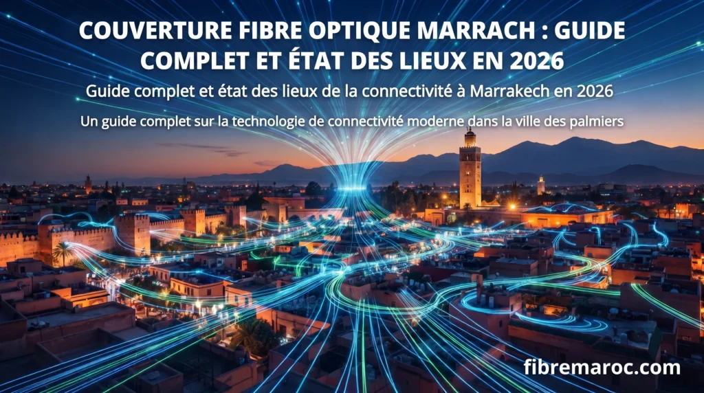 Vue aérienne nocturne de Marrakech avec un réseau de fibre optique lumineux reliant les quartiers et la Koutoubia, illustrant la couverture Internet en 2026 pour fibremaroc.com.