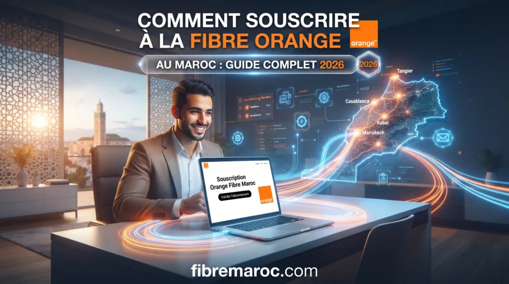 Homme utilisant un ordinateur pour souscrire à l'offre Fibre Orange au Maroc - Guide complet 2026.