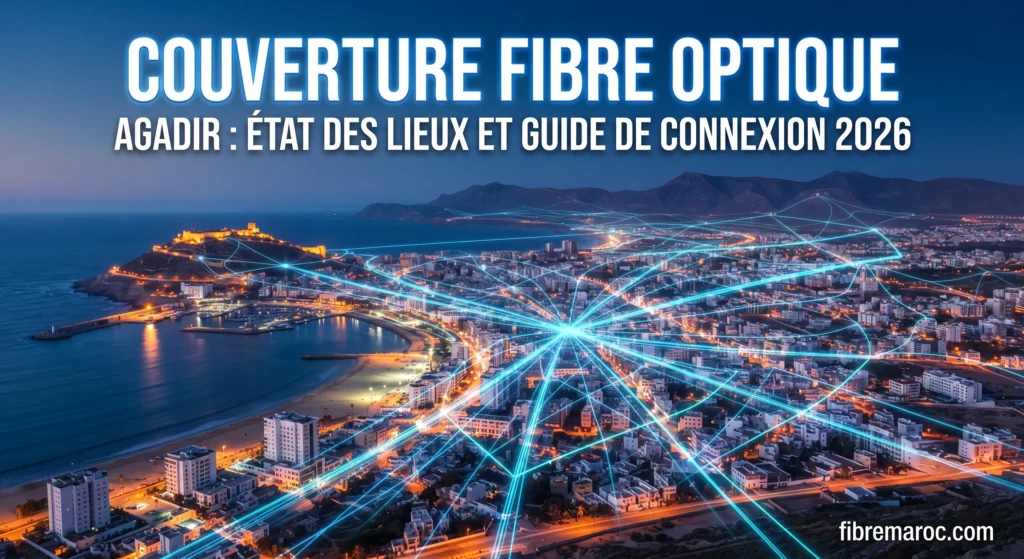 Illustration de la couverture fibre optique à Agadir en 2026 montrant le déploiement du réseau haut débit à travers toute la ville.