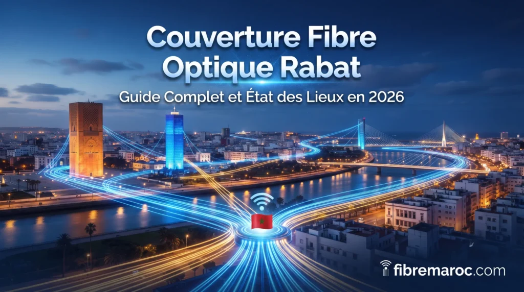 Illustration de la couverture de la fibre optique à Rabat en 2026, montrant un réseau Internet haut débit et des connexions numériques sur fond urbain.