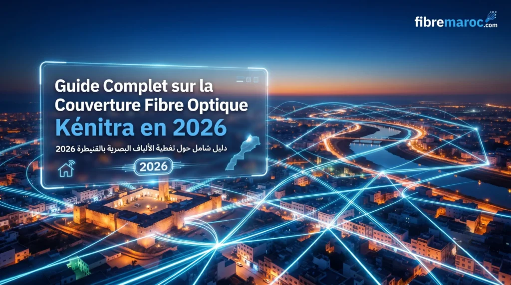 Illustration professionnelle de la couverture fibre optique à Kénitra en 2026 avec un réseau de connexion lumineux sur fibremaroc.com