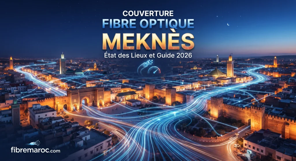 Illustration professionnelle de la couverture fibre optique à Meknès en 2026 avec un réseau de connexion lumineux sur fibremaroc.com