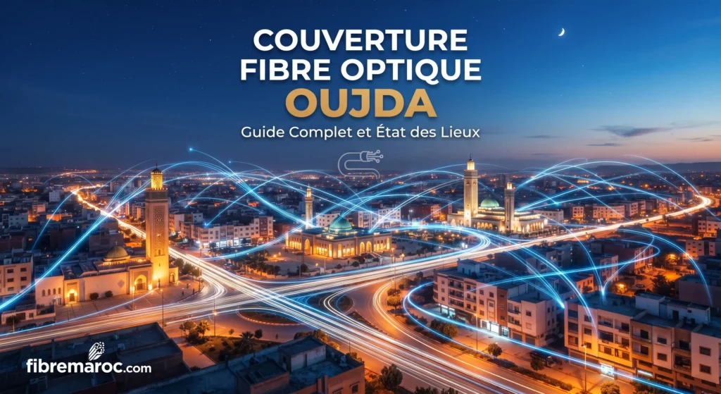 Illustration professionnelle de la couverture fibre optique à Oujda en 2026 avec un réseau de connexion lumineux sur fibremaroc.com