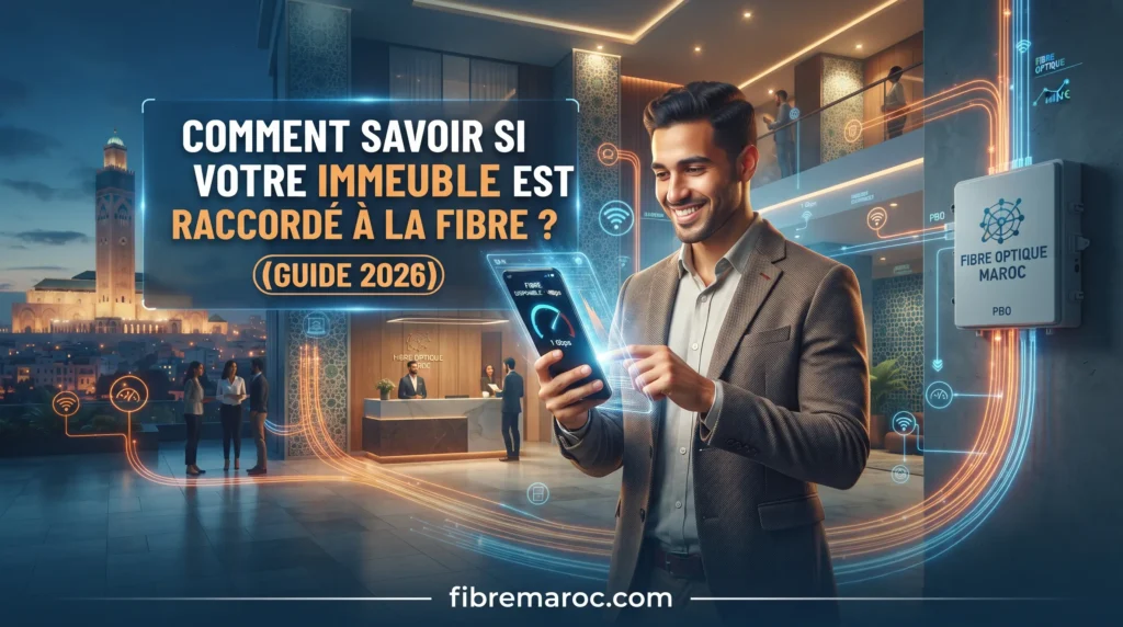 Homme vérifiant le raccordement à la fibre optique de son immeuble au Maroc via son smartphone - Guide complet 2026.