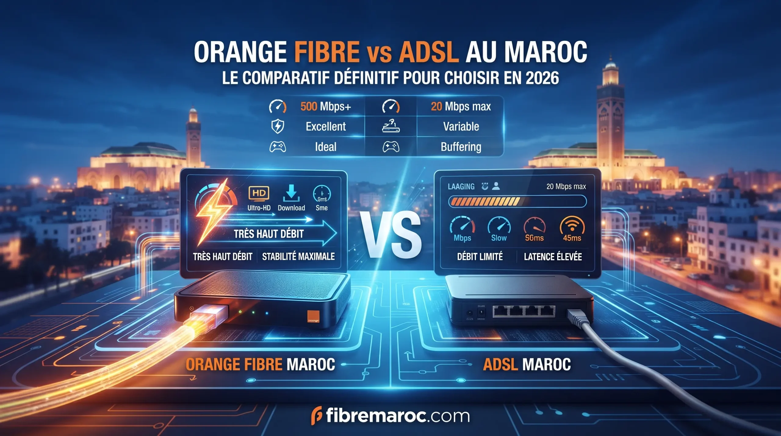 Comparatif détaillé entre Orange Fibre optique et ADSL au Maroc en 2026 sur FibreMaroc