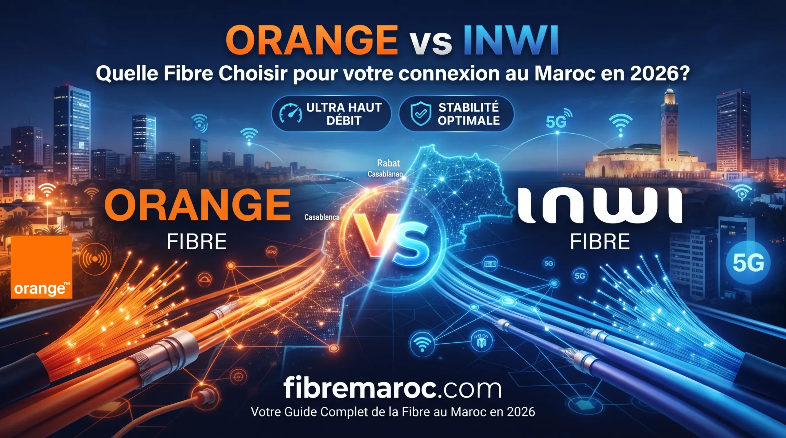 Comparaison Orange vs Inwi fibre optique au Maroc en 2026, illustration du choix de la meilleure connexion internet très haut débit.
