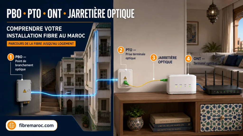 PBO, PTO, ONT et jarretière optique d’une installation Fibre au Maroc