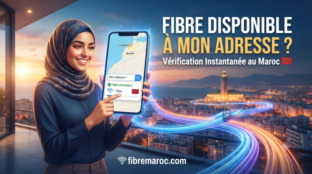 Jeune femme consultant l'éligibilité de la fibre optique sur smartphone avec des câbles lumineux traversant une ville marocaine