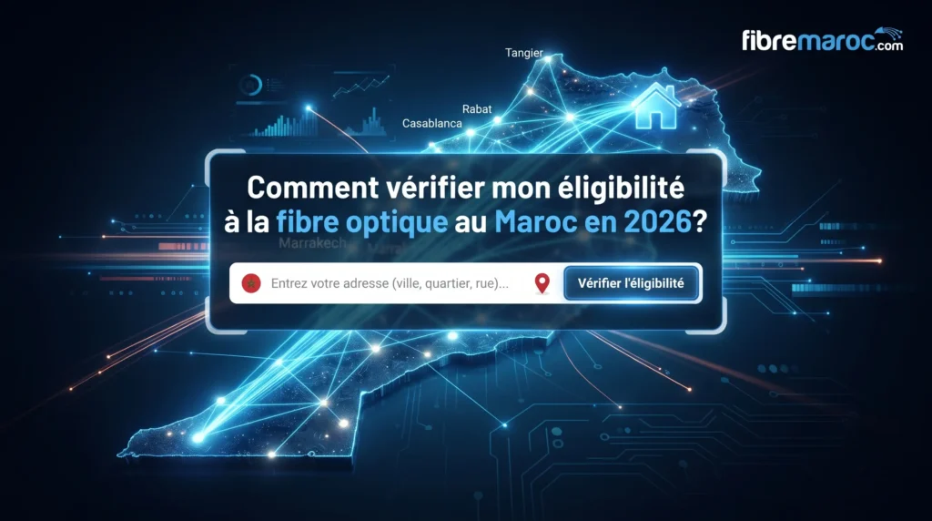 Illustration interactive montrant la vérification de l'éligibilité à la fibre optique au Maroc en 2026 sur fibremaroc.com