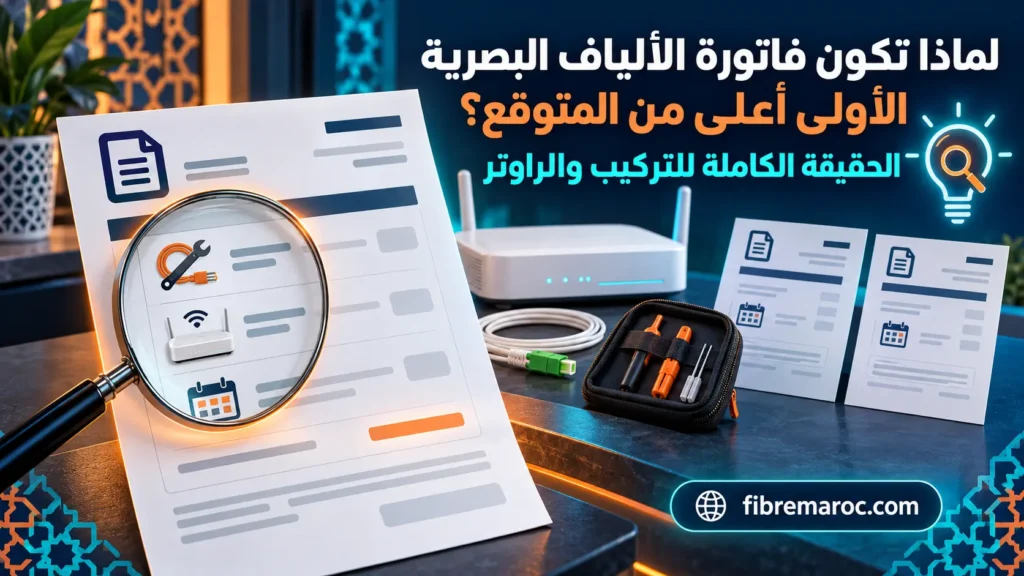 الفاتورة الأولى للألياف البصرية مع راوتر وأدوات التركيب وفواتير الاشتراك الشهرية