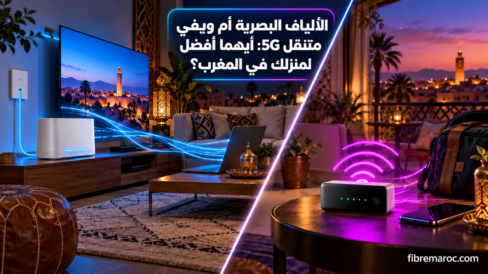 مقارنة بين راوتر الألياف البصرية الثابت وروتر ويفي متنقل 5G داخل منزل مغربي.