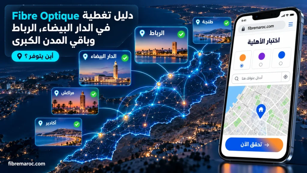 دليل تغطية Fibre Optique في الدار البيضاء والرباط والمدن الكبرى بالمغرب مع التحقق عبر خريطة الموقع