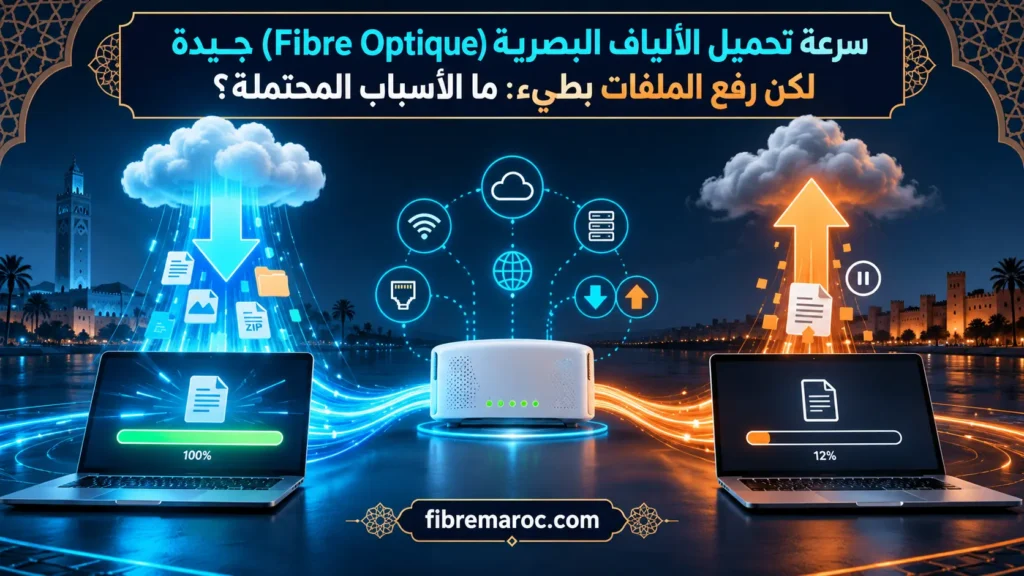 سرعة تحميل الألياف البصرية جيدة لكن رفع الملفات بطيء، مع مقارنة سرعة التنزيل والرفع عنوان الصورة: بطء رفع الملفات رغم سرعة الألياف البصرية