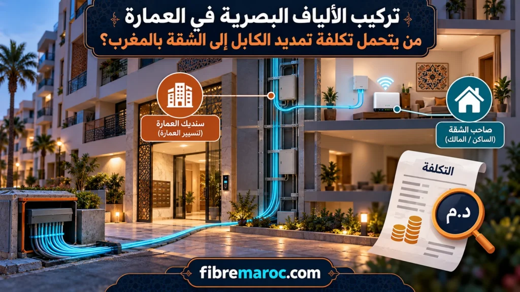 تمديد كابل الألياف البصرية داخل عمارة إلى شقة بالمغرب مع توضيح تكلفة التركيب ودور السنديك
