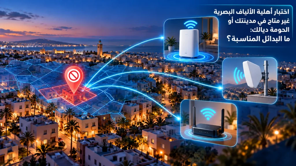 خريطة حي مغربي يظهر فيه اختبار أهلية الألياف البصرية غير متاح مع بدائل الإنترنت 4G و5G والإنترنت اللاسلكي