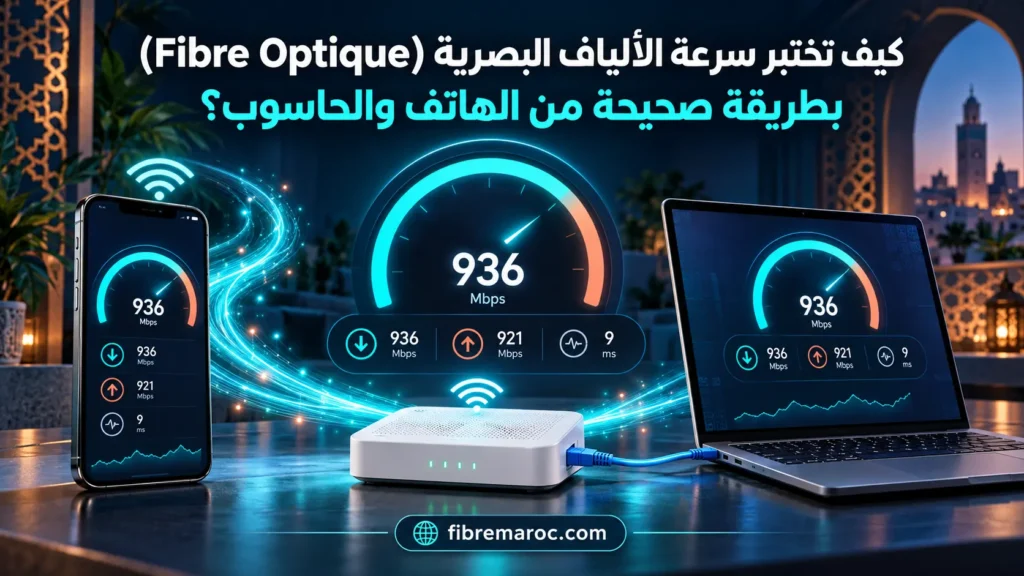 اختبار سرعة الألياف البصرية من الهاتف والحاسوب مع قياس سرعة التحميل والرفع ووقت الاستجابة